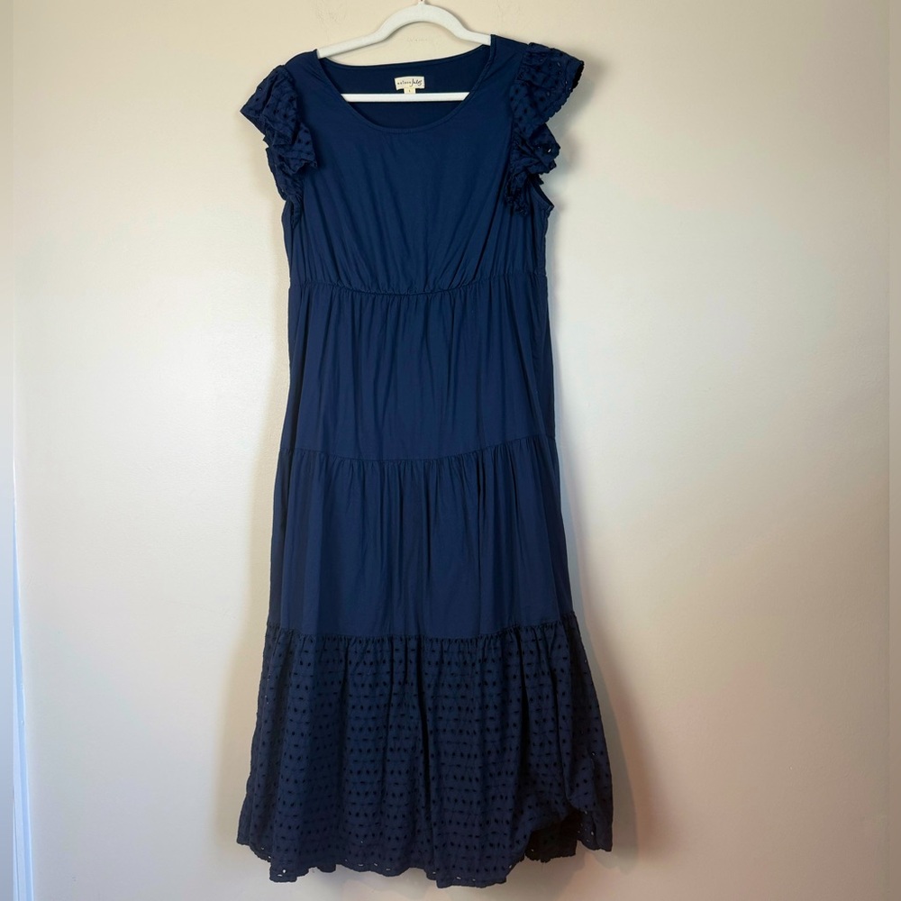 Maison Jules Long Navy Dress with Ruffle Eyelet Sleeves Size L 100% Cotton